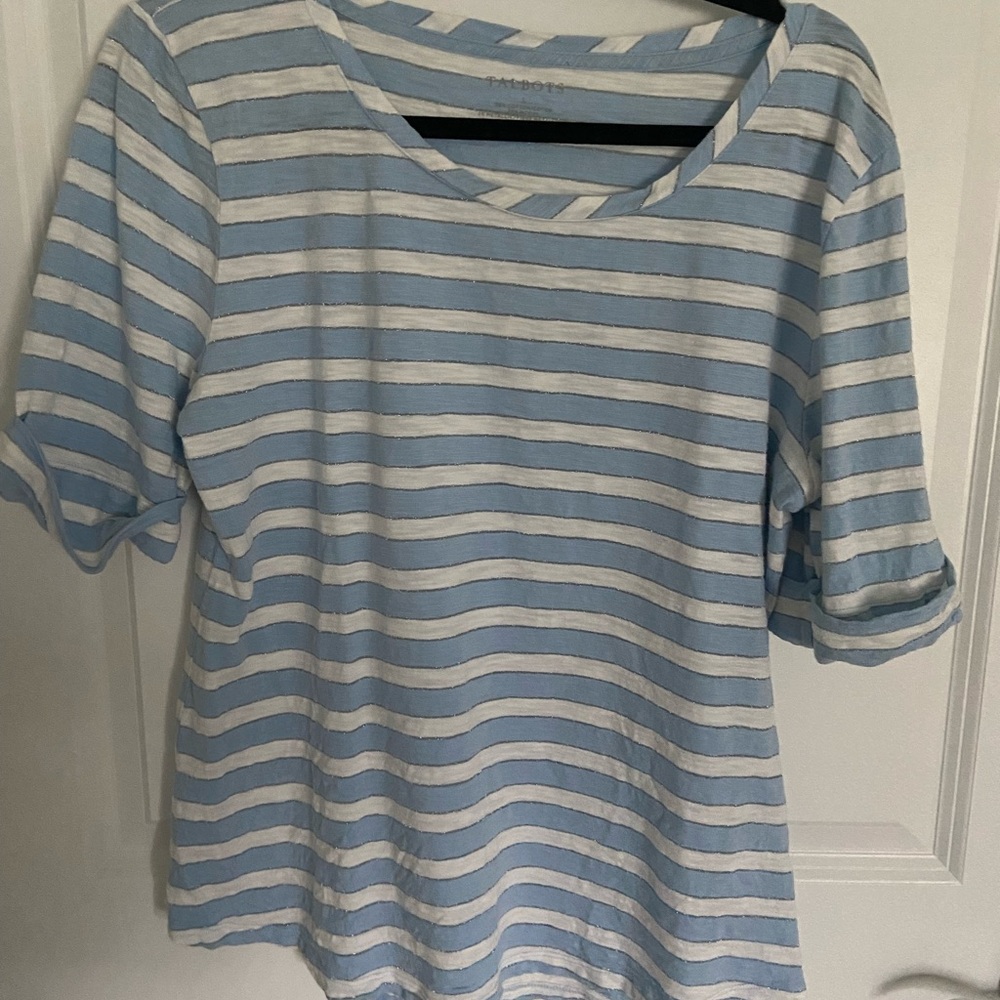 Talbots Light Blue and White Striped Short Sleeve Top